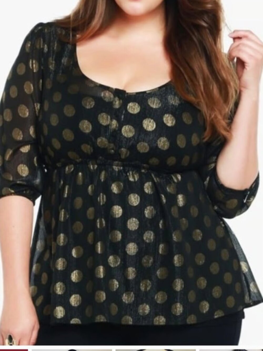 Torrid Semi Sheer Black Metallic Gold Poka Dot Empire Top size 2 NWOT